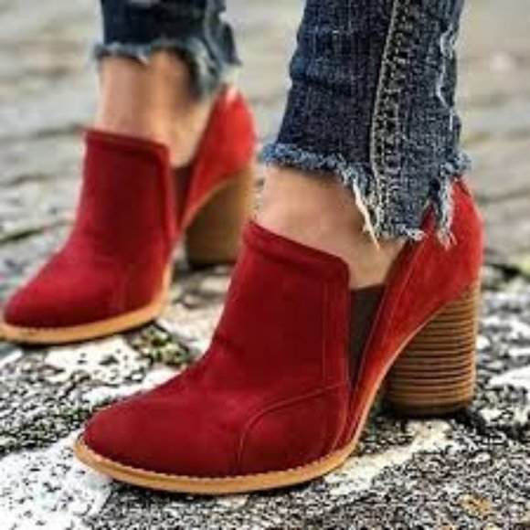 Jolimall Shoes - Red Chunky Round Heel Ankle Booties